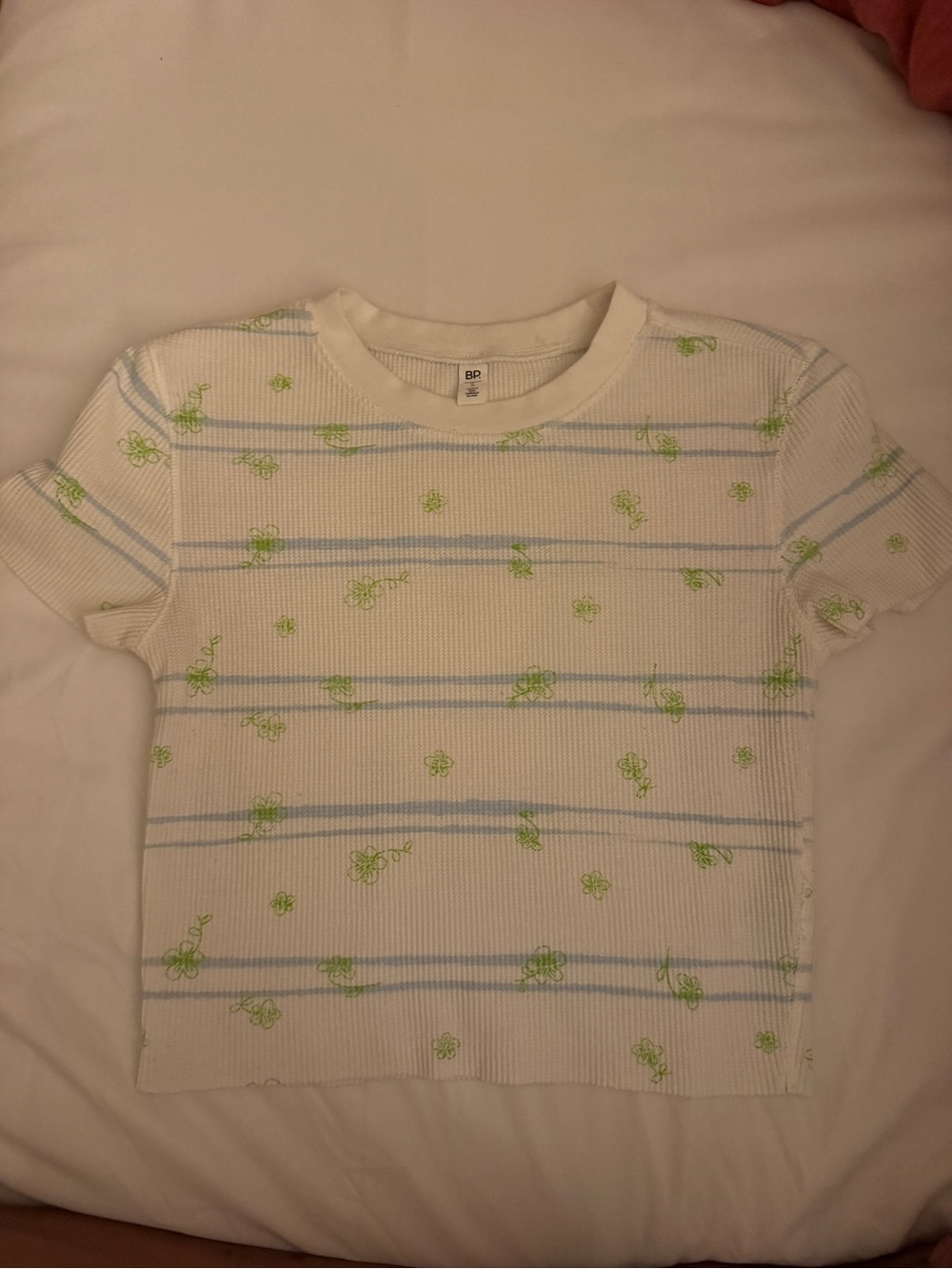bp White Ribbed Short Sleeve Tee with Blue Stripes & Lime Floral Print